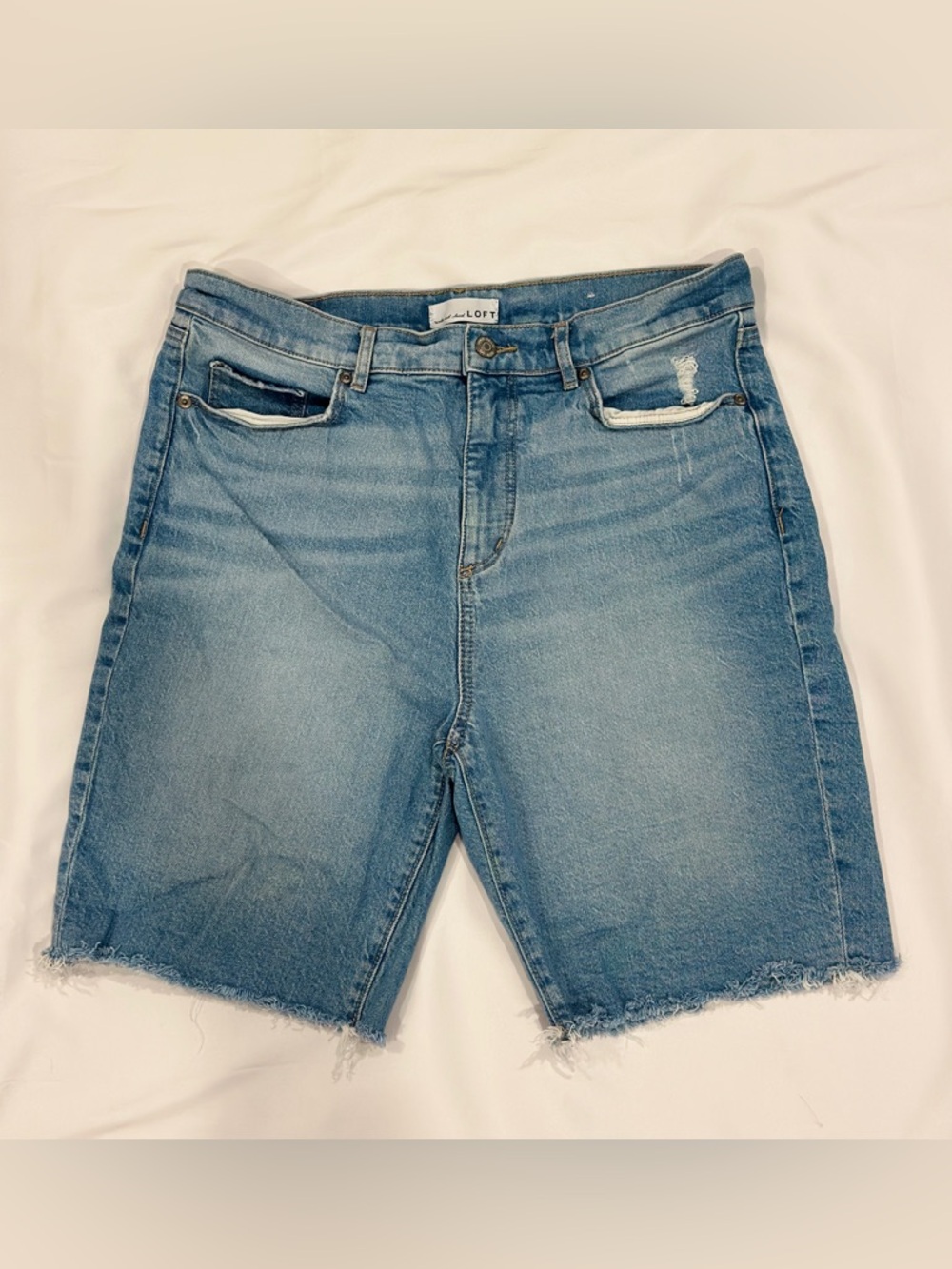 LOFT Light Blue Denim Bermuda Shorts with Frayed Hem